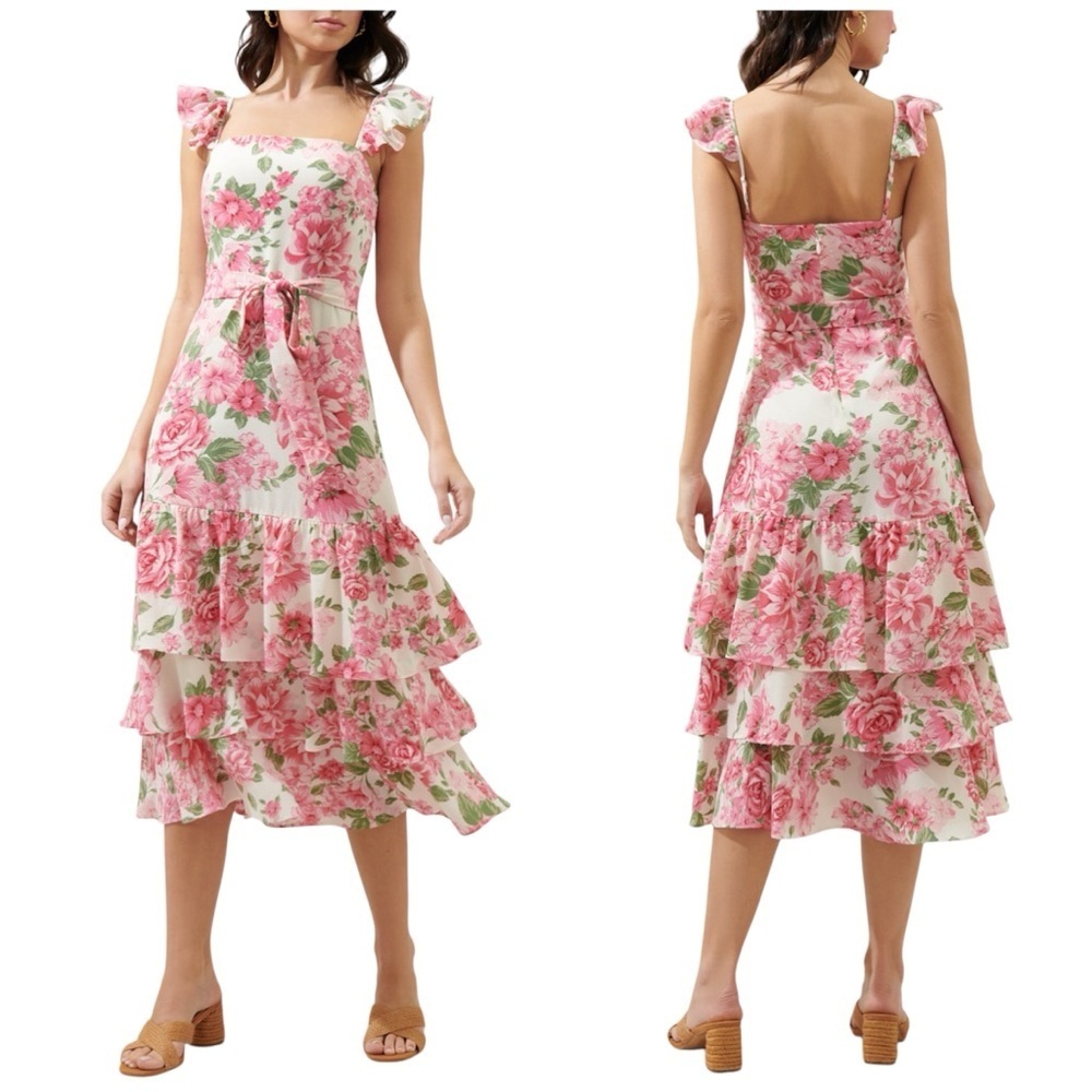 Sugarlips Truth Be Told Guayana Floral Belted Ruffle Tiered Midi Dress